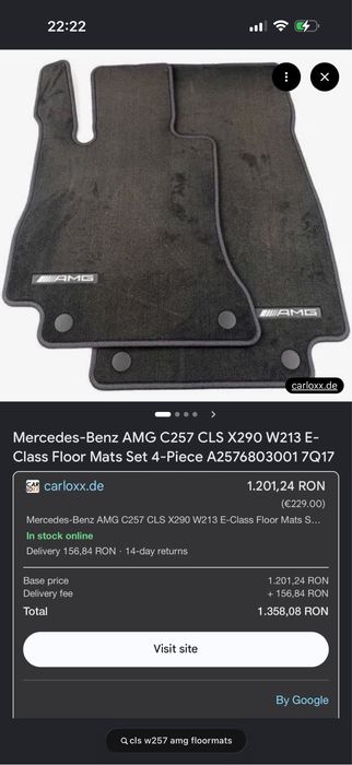 Set Covorase Noi velour originale Mercedes Benz CLS W257 model 2018-2024 Mercedes E class W213 2016+