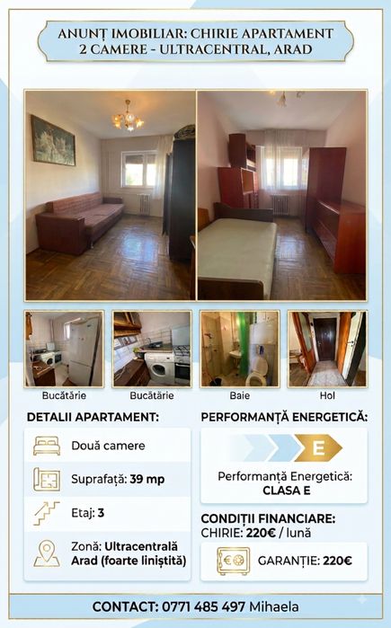 Apartament cu 2 camere de închiriat - 220€ - Ultracentral Arad