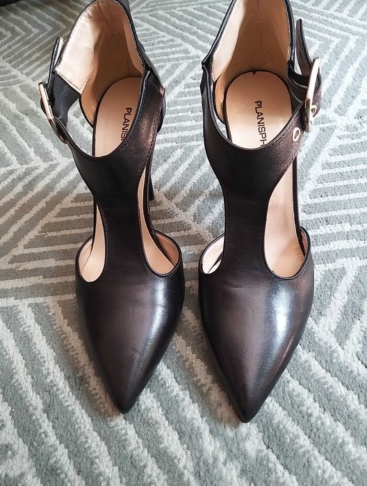 Pantofi piele negri, 39, toc stiletto, cu bareta