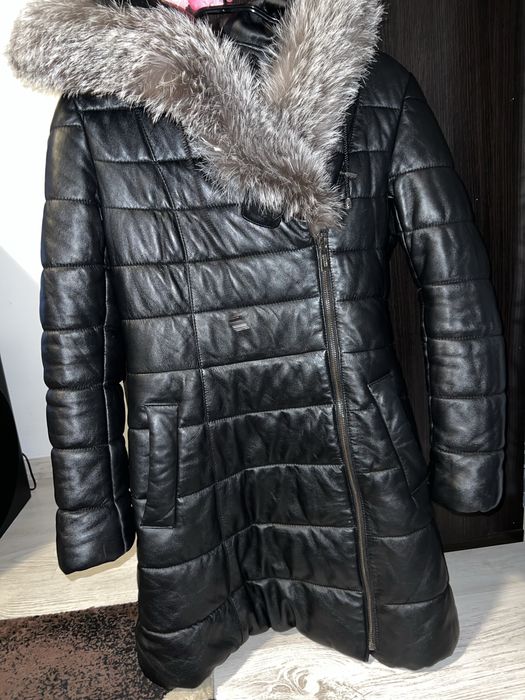 Geaca lunga din piele cu blana