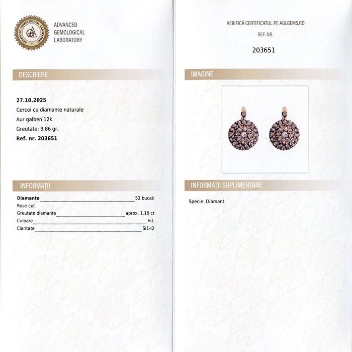 cercei Franta sec. XIX, diamante 1.10 ct, certificat