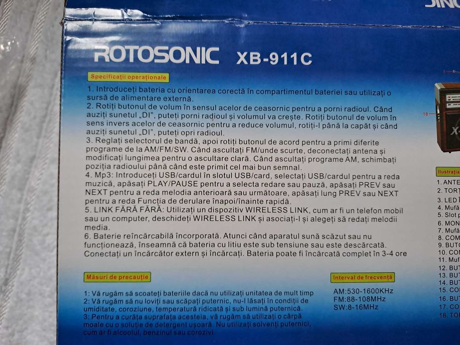 Radio Rotosonic, 3 benzi, lanterna,ceas, USB,MP3, Wireless, acumulator