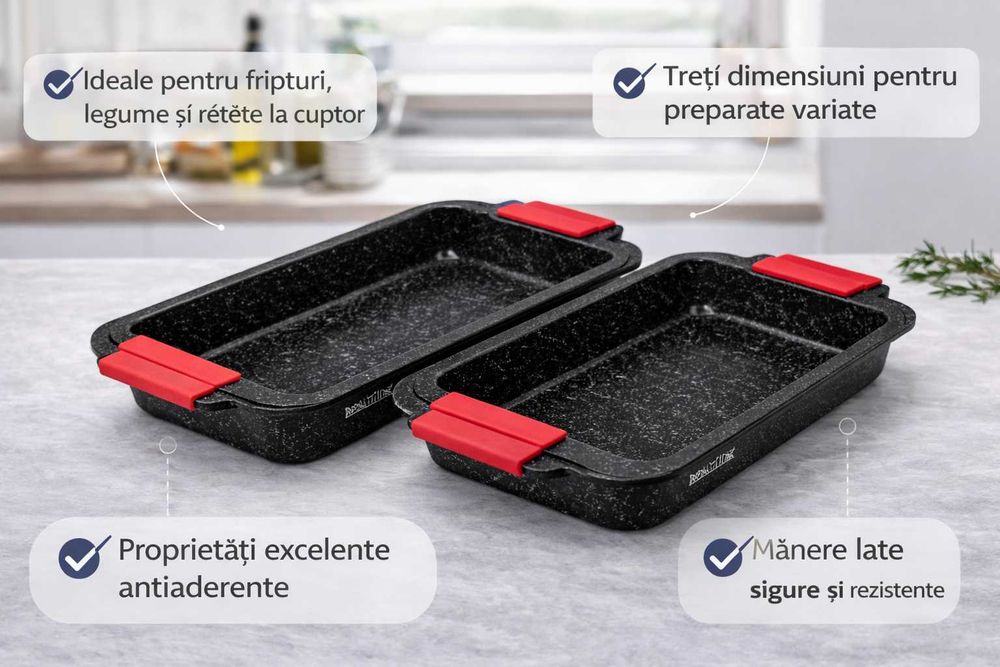 Set 3 tavi de copt Royalty Line cu strat granit, S/M/L
