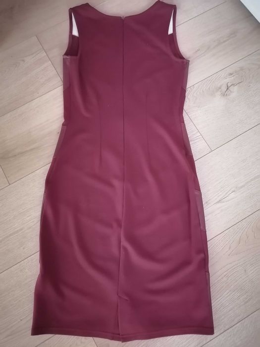 Rochie elegantă, cu detalii de piele, vișinie