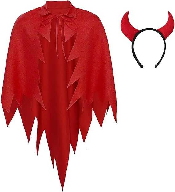 Комплект костюм за Хелоуин Дявол, червен назъбен плащ, рога