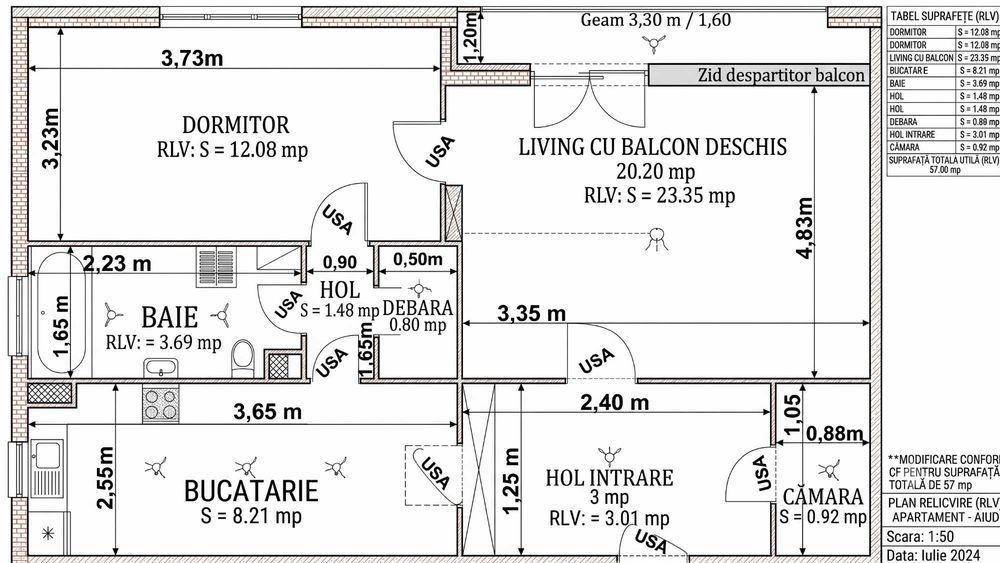 Apartament 57 mp , 2 camere Aiud