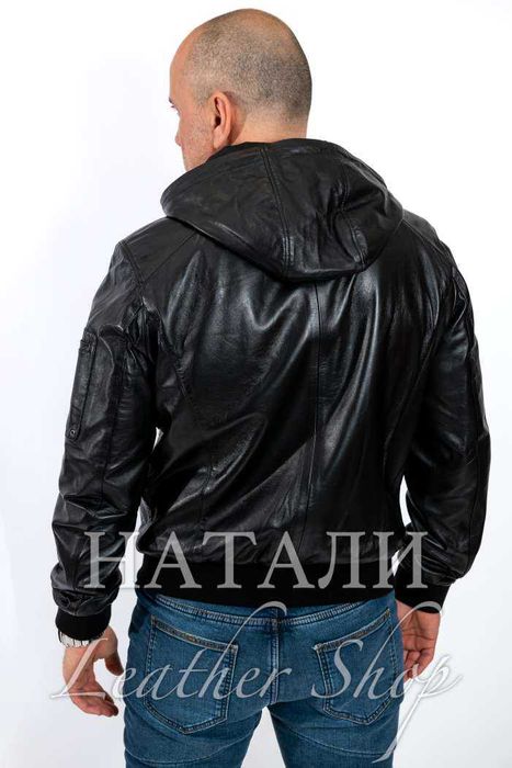 Кожен бомбър Александър с качулка