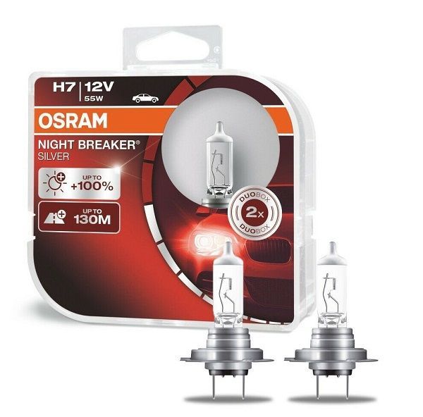 Set becuri auto OSRAM H7 12V; 55W; night breaker silver; 1500 lm; cu pana 100% mai multa lumina; culoare temperatura 3300K; Px26d; 64210NBSHCB, 2 buc.