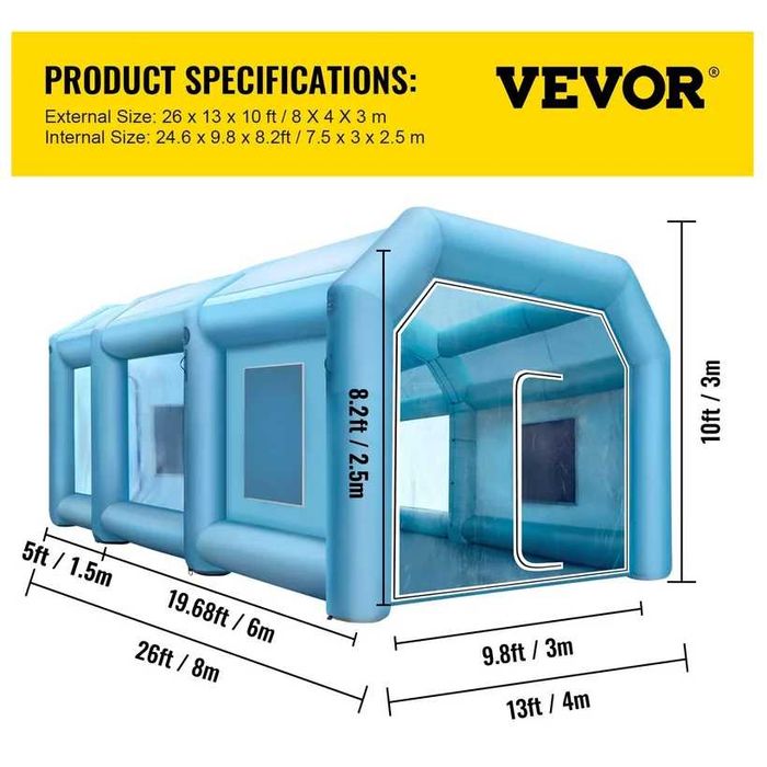 НЕМСКА Гигантска Надуваема Бояджийска Кабина VEVOR (8 x 4 x 3 m) с 2 Зони + ЛЕД ФЕНЕР