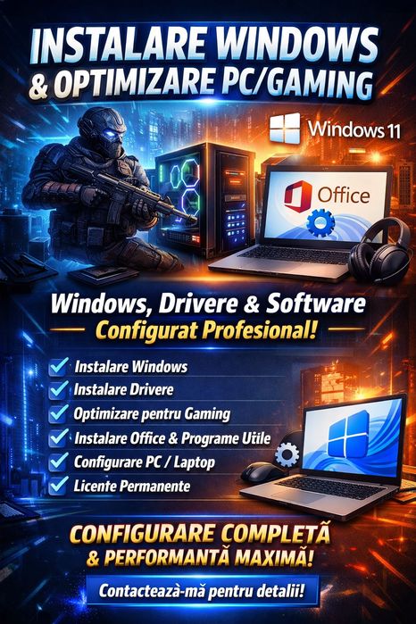 Instalare Windows + drivere + optimizare gaming/office + software
