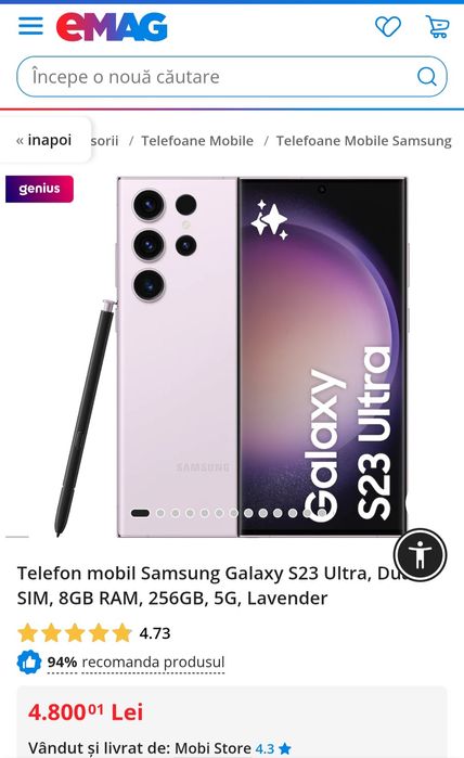 Samsung Galaxy S23 Ultra, Dual SIM, 8GB RAM, 256GB, 5G, Lavender