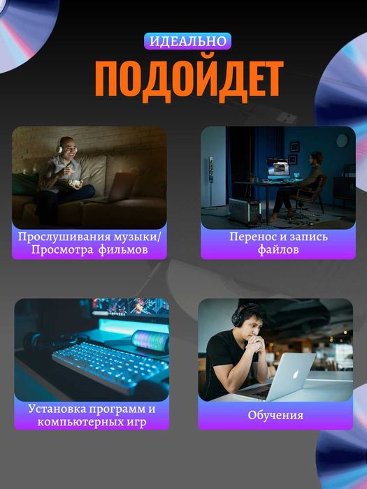 Внешний дисковод DVD-RW, DVD-ROM, CD-ROM 8в1. USB-хаб высокая скорость