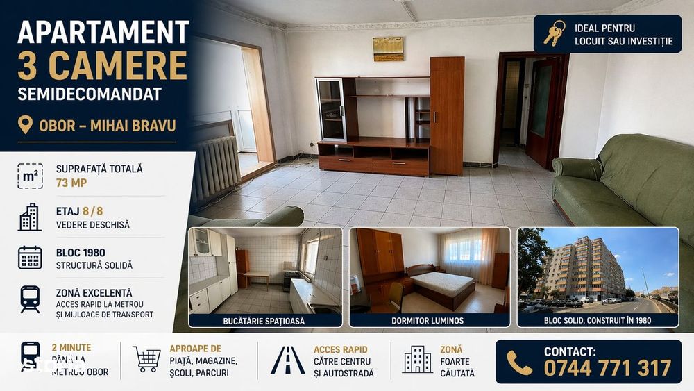 OBOR - Mihai Bravu, Apartament cu 3 camere - 73 mp