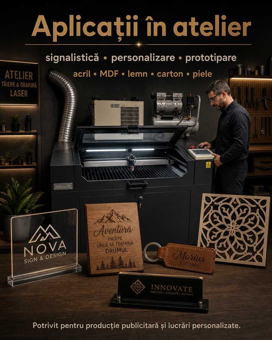 Productie publicitara - Laser profesional CO2 Helios 90 cu RATE lunare - 103W, masă 600×900 mm, chiller + compresor, impecabil