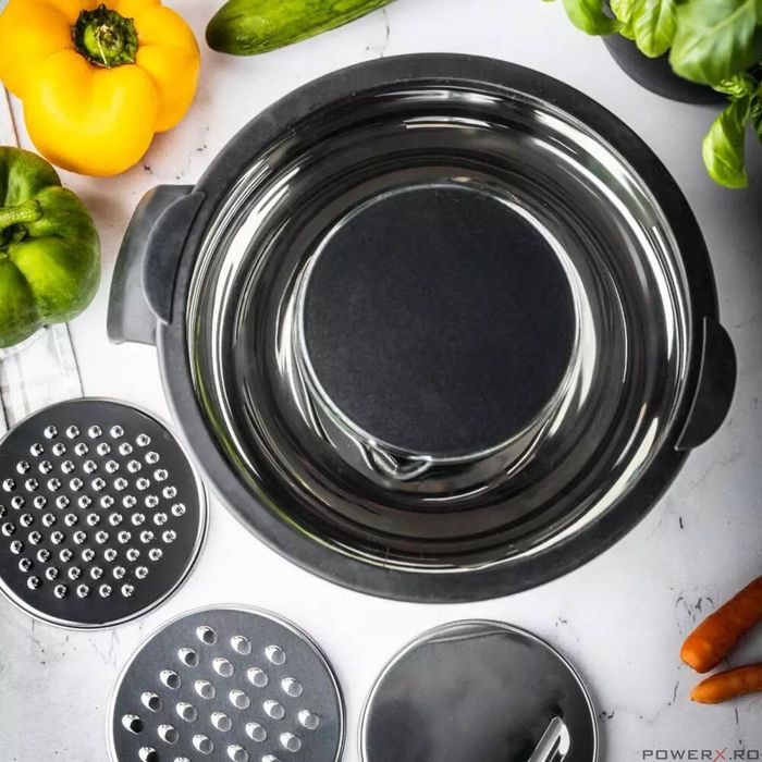 Bol inox, cu capac si razatoare, multifunctional, negru, capacitate