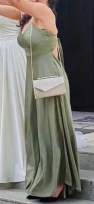 Официална дълга сатенена рокля, зелен цвят/каки