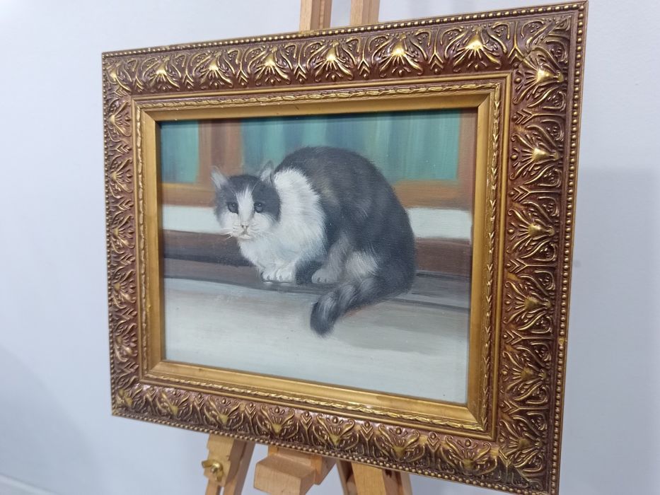 автентична западноевропейска картина с котка 37х32 см