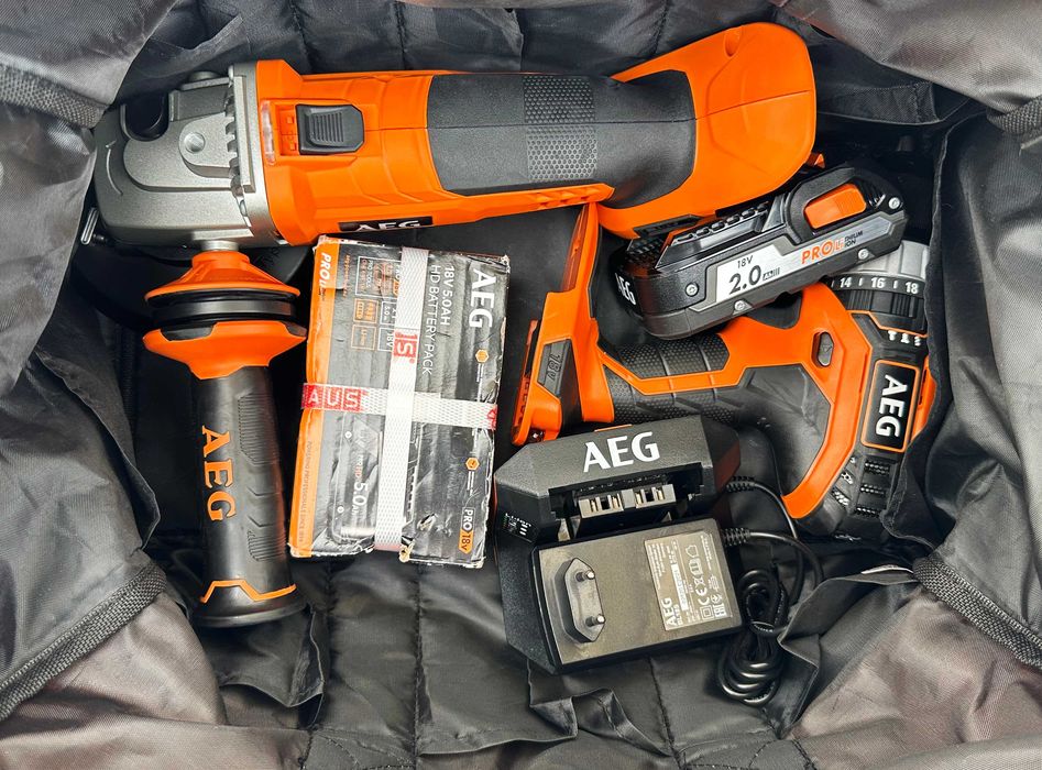 Нов комплетк от ъглошлайф AEG BEWS 18-125X и винтоверт AEG BSB18C2