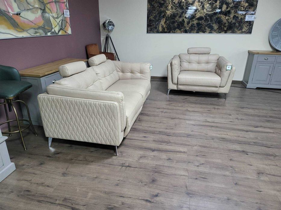 Кремав кожен диван тройка с ел. релакс механизъм и фотьойл