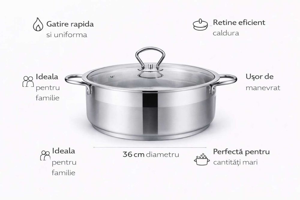 Cratita inox Royalty Line 10L cu capac din sticla 36x14 cm