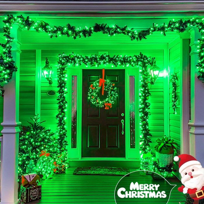 18м коледни външни лампички студено зелени Гринч  200 диода 8 програми