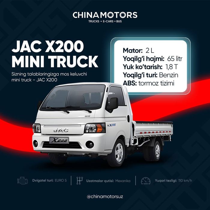 JAC, Kia bongo, hyunday porter, changan porter o'rniga Jac X200
