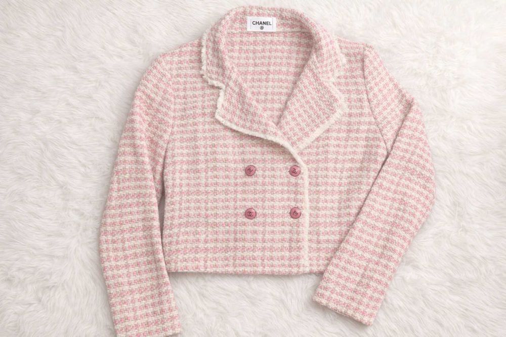 розово сако шанел туид chanel яке късо меланж без забележки