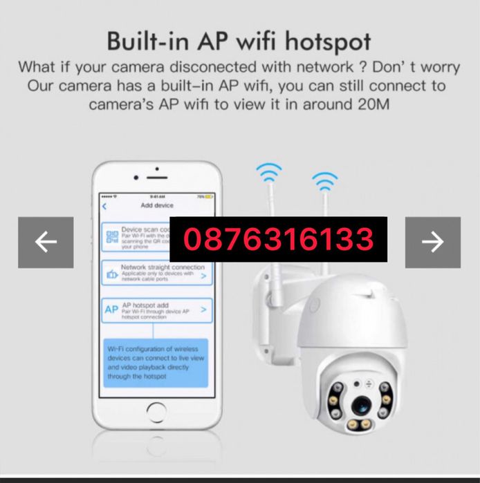 Охранителна IP камера безжична WI-FI,външна Full HD ,АУДИО ,захранване