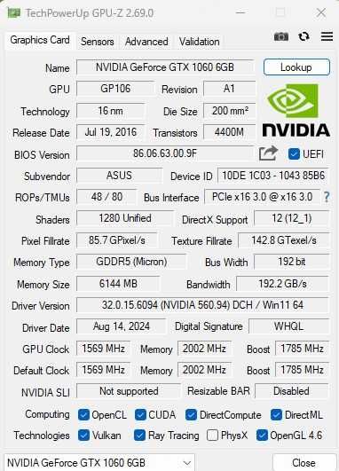 Placa video ASUS GeForce GTX 1060 Dual OC 6GB.