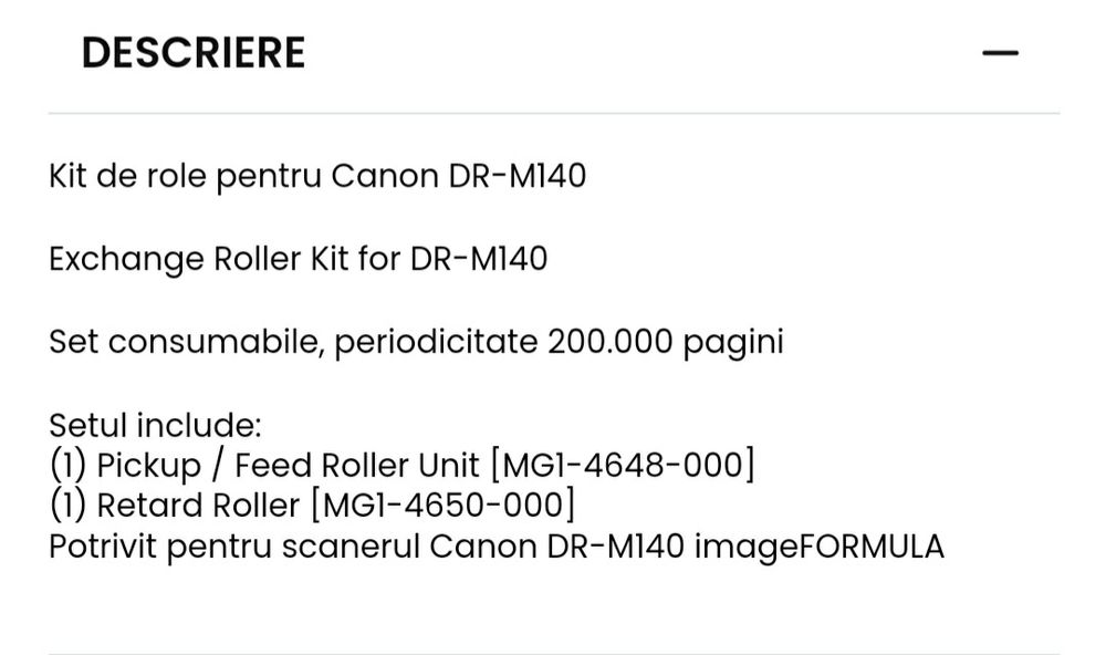 Kit de role pentru Canon DR-M140
Ki