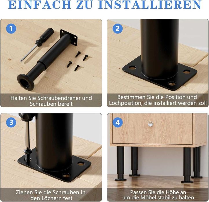 Picioare Metalice Reglabile Mobilier 18-30 cm Set 4 Buc Negre