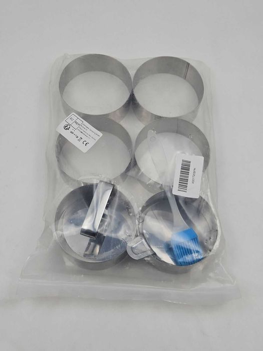 Set 6 inele pentru desert din inox, 8,8 x 3,5 cm, cu presă, spatulă de ridicare și pensulă din silicon