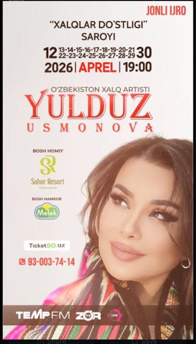12-30 Aprel  YULDUZ Usmonova konsertiga biletlar