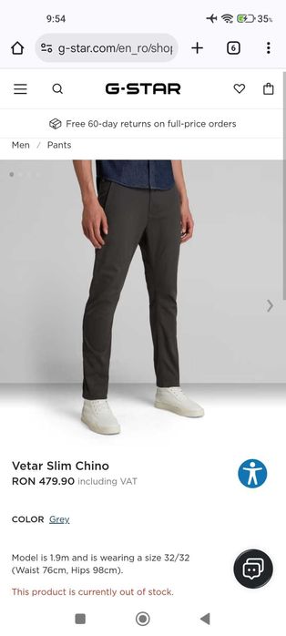 G-STAR, pantaloni chinos, Vetar Slim Chino, W31 L32, Talie 42cm