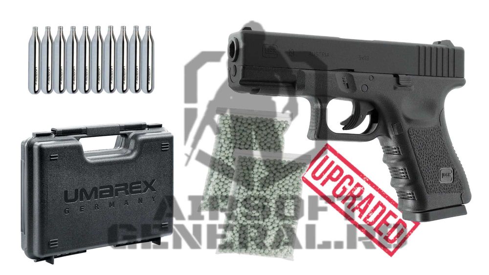 Set/Pachet Airsoft GLOCK19 Upgraded 3J + CO2 + Bile + Cutie transport
