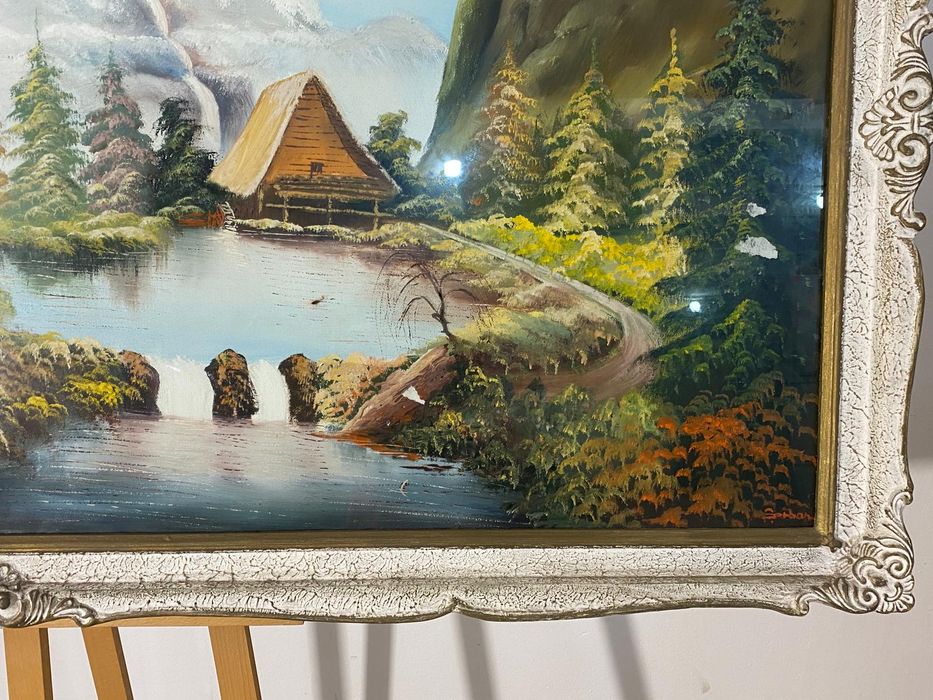 Tablou cu Ramă din Lemn 165x88 cm; Pictură în Ulei pe Pânză, Peisaj Montan