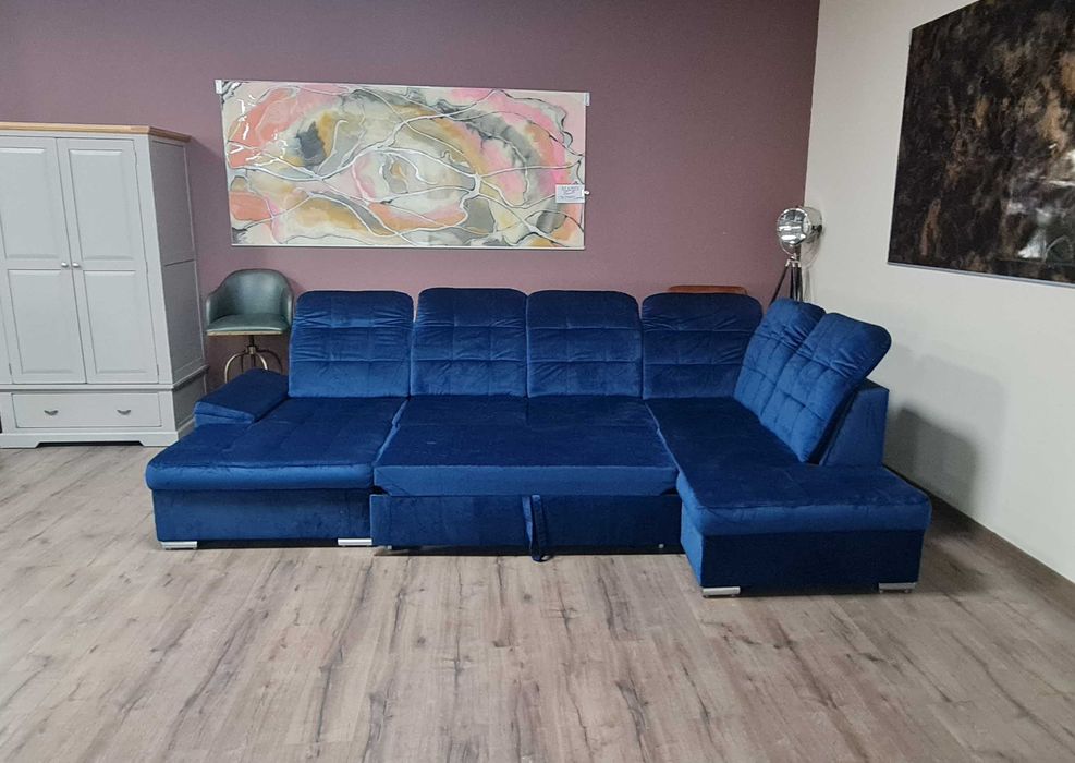 Син П образен ъглов диван от плат Nigrum с функция сън