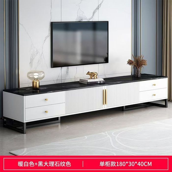Тумба под ТВ 180×30×40 см — Белый мраморная текстура и золотая фурниту