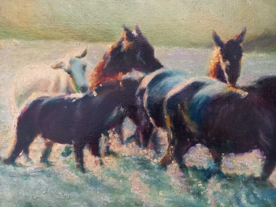 A. Bellomi – „Cai traversând apa” – ulei pe carton, 50 × 35 cm
