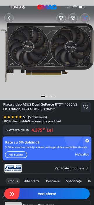 Placa Nvidia ASUS Dual GeForce RTX™ 4060 OC Edition 8GB GDDR6, sigilat