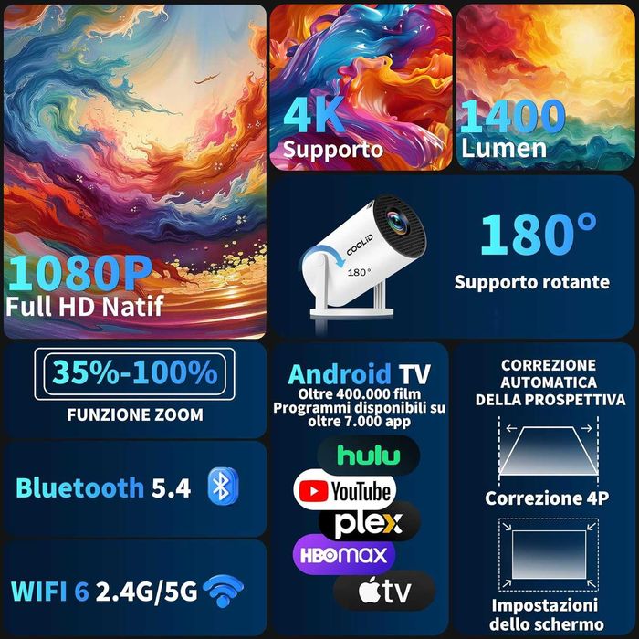 Мини проектор, преносим, ​​4K 1080P, с 5G WiFi BT 5.4, 180° ротационен
