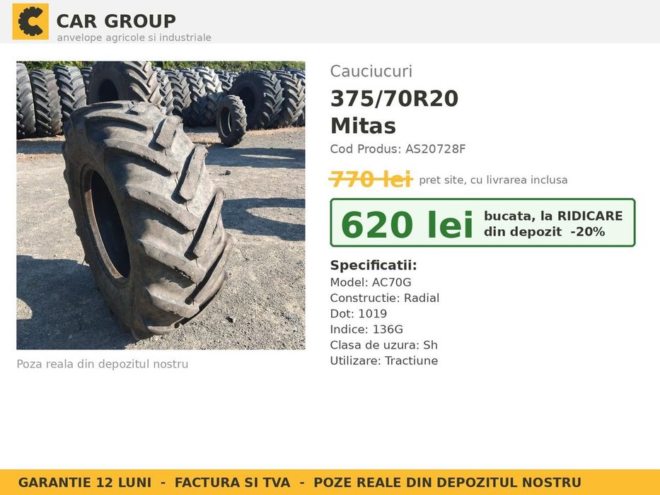 Cauciucuri Anvelope 375/70R20 375/70 R20 375/70-20 3757020 Mitas Buldo Miniincarcator si Industrial Utilaje Agricole SH Second Hand LIVRARE Stoc Real