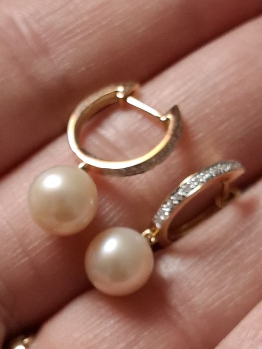 Cercei aur 14k diamante si perle de cultura