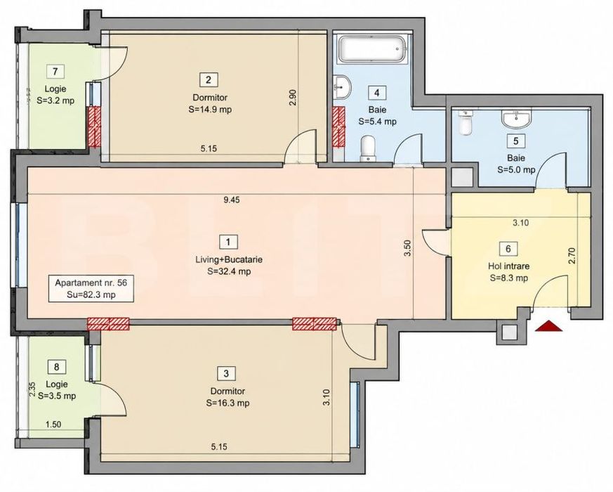 Apartament 3 camere, 82.30 mp, 2 bai, 2 balcone, CF, parcare, boxa, Zo — fotografia 2