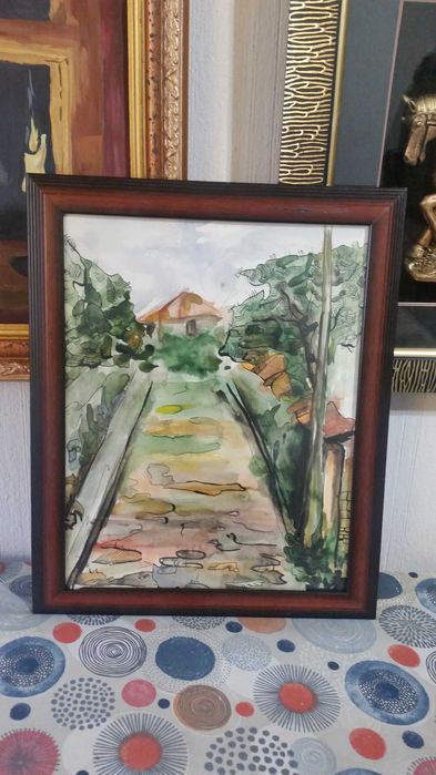 Малка къща в гората. Акварел.Рамката е професионална.