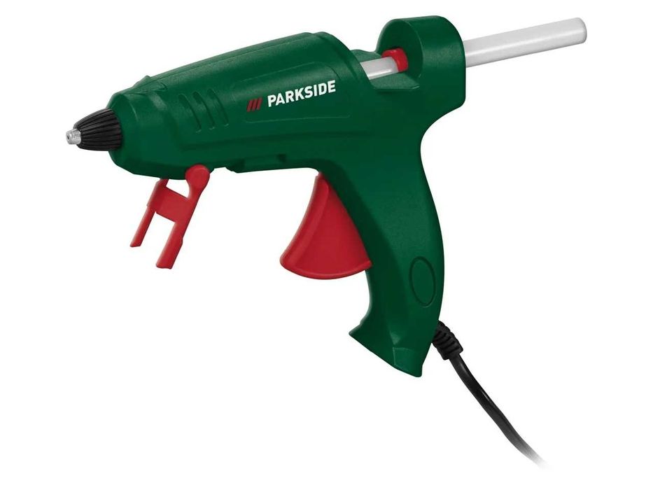 Pistol de lipit la cald Parkside, suport rabatabil. timp de incalzire cca 4min-150 grade, putere nominala 25W si 75 W la punerea in functiune