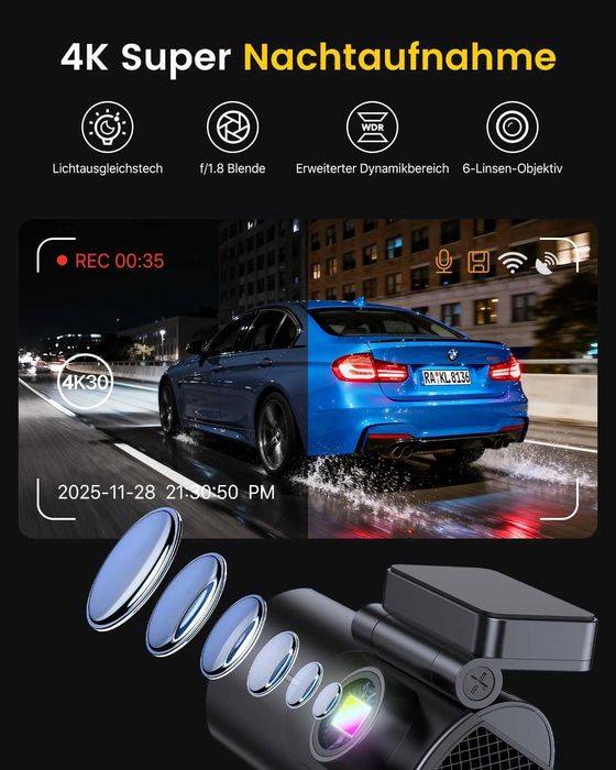 Camera de bord wifi 4K+1080P față/spate card SD de 64GB, GPS WiFi 5GHz, cameră auto IPS de 1.5” cu monitorizare a parcării, vedere nocturnă superioară