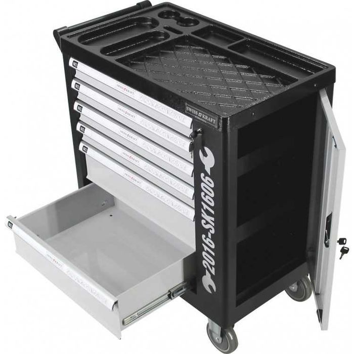 НЕМСКИ Шкаф Количка С Инструменти 6 Чекмеджета - 4 Пълни + ЛЕД ФЕНЕР