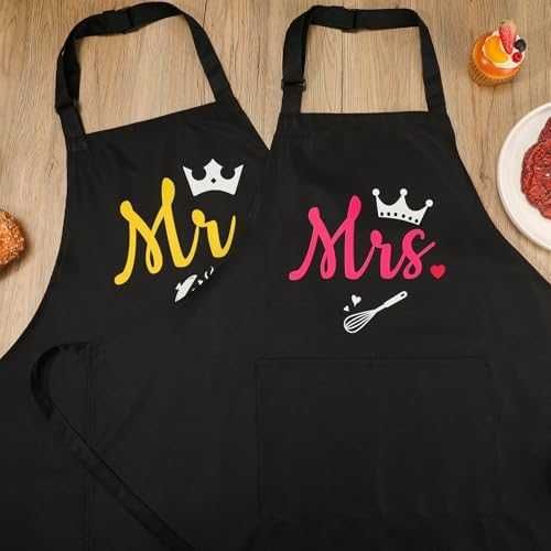 Нови Забавни регулируеми престилки двойка Mr Mrs, BBQ/кухня, 2 джоба