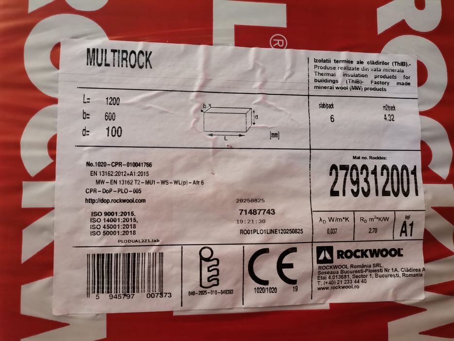 Vata bazaltica Rockwool Multirock de 10 cm. si 12 cm., in baxuri sigilate